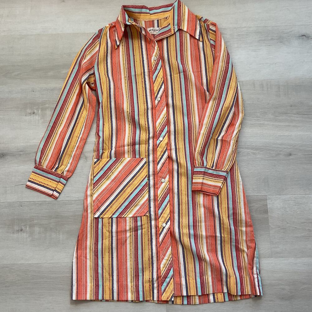Vintage Dynasty Womens Boho Striped Long Sleeve Tunic Dress Size 12